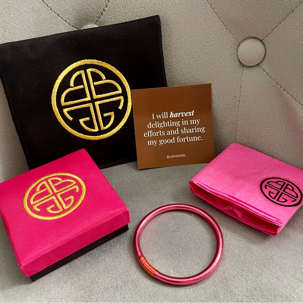 Budhagirl Pink AWB NWOT with silk box, monogrammed pouch and hair elastic (M)